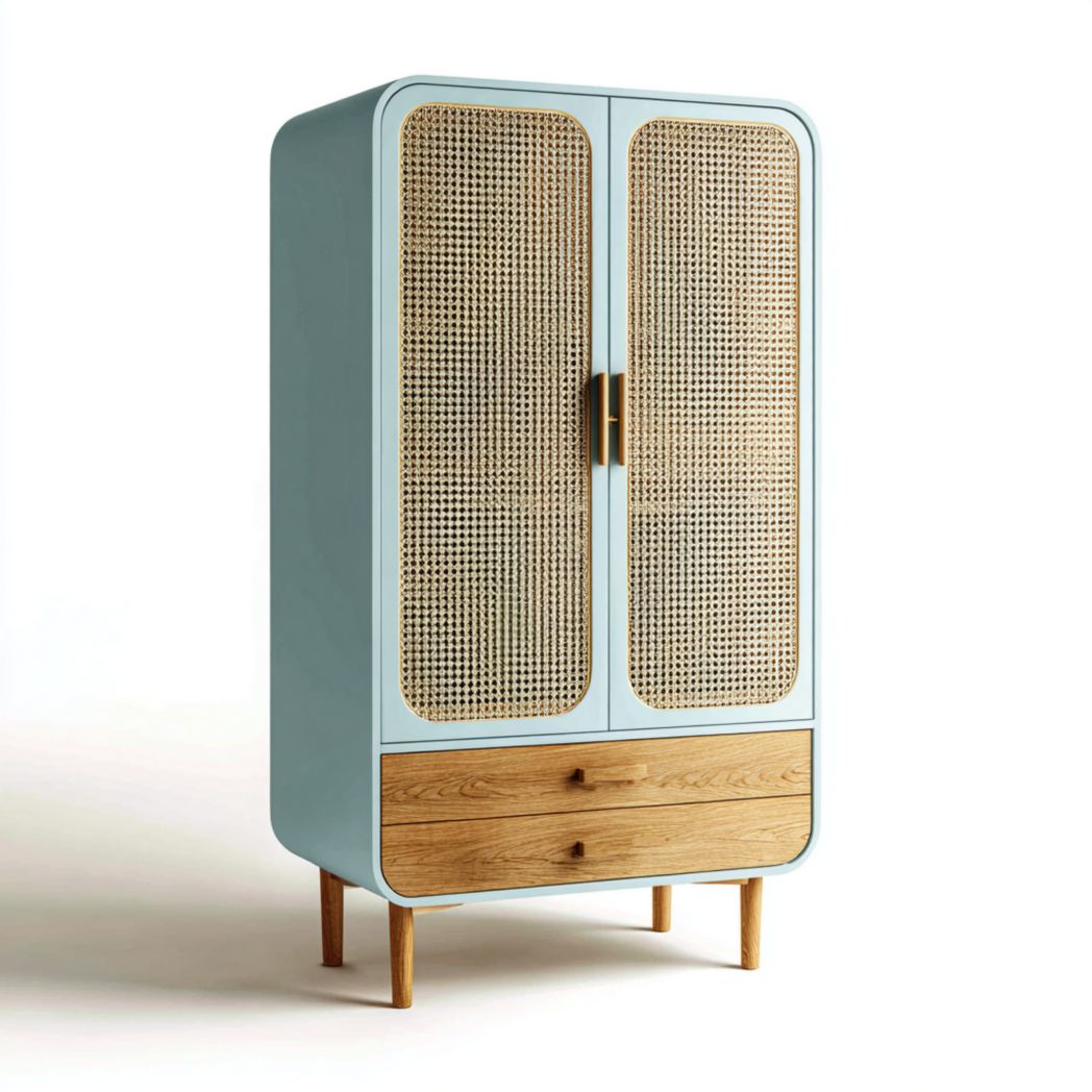 Kleiderschrank aus Holz mit Rattanfront für Schlafzimmer-80 x 40 x 180